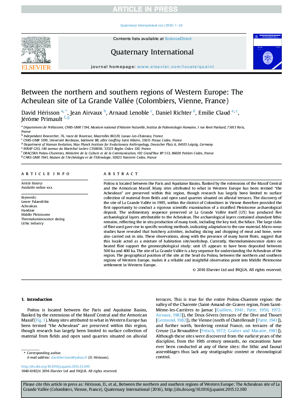 Between the northern and southern regions of Western Europe: The Acheulean site of La Grande Vallée (Colombiers, Vienne, France)