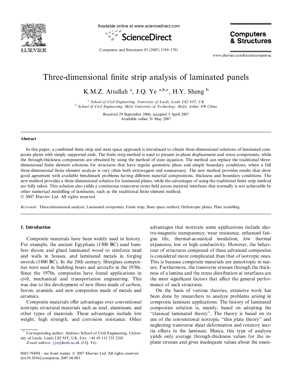 Three-dimensional finite strip analysis of laminated panels