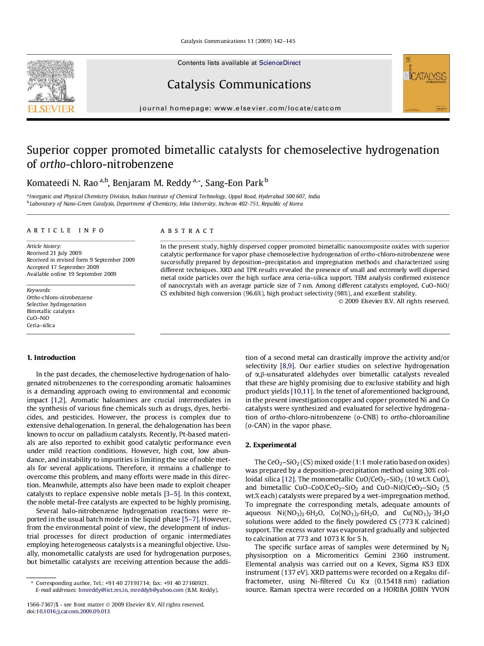 Superior copper promoted bimetallic catalysts for chemoselective hydrogenation of ortho-chloro-nitrobenzene