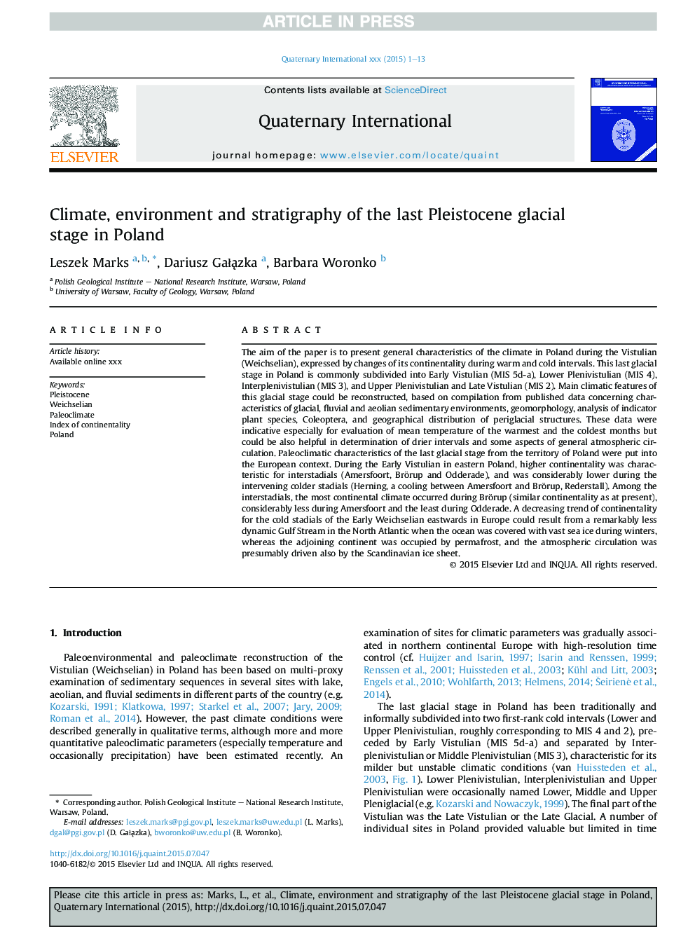 Climate, environment and stratigraphy of the last Pleistocene glacial stage in Poland