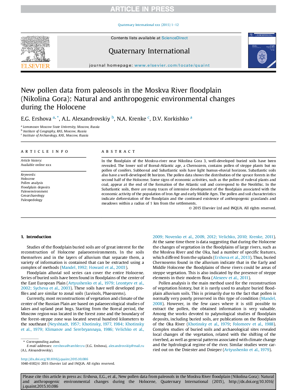 New pollen data from paleosols in the Moskva River floodplain (Nikolina Gora): Natural and anthropogenic environmental changes during the Holocene