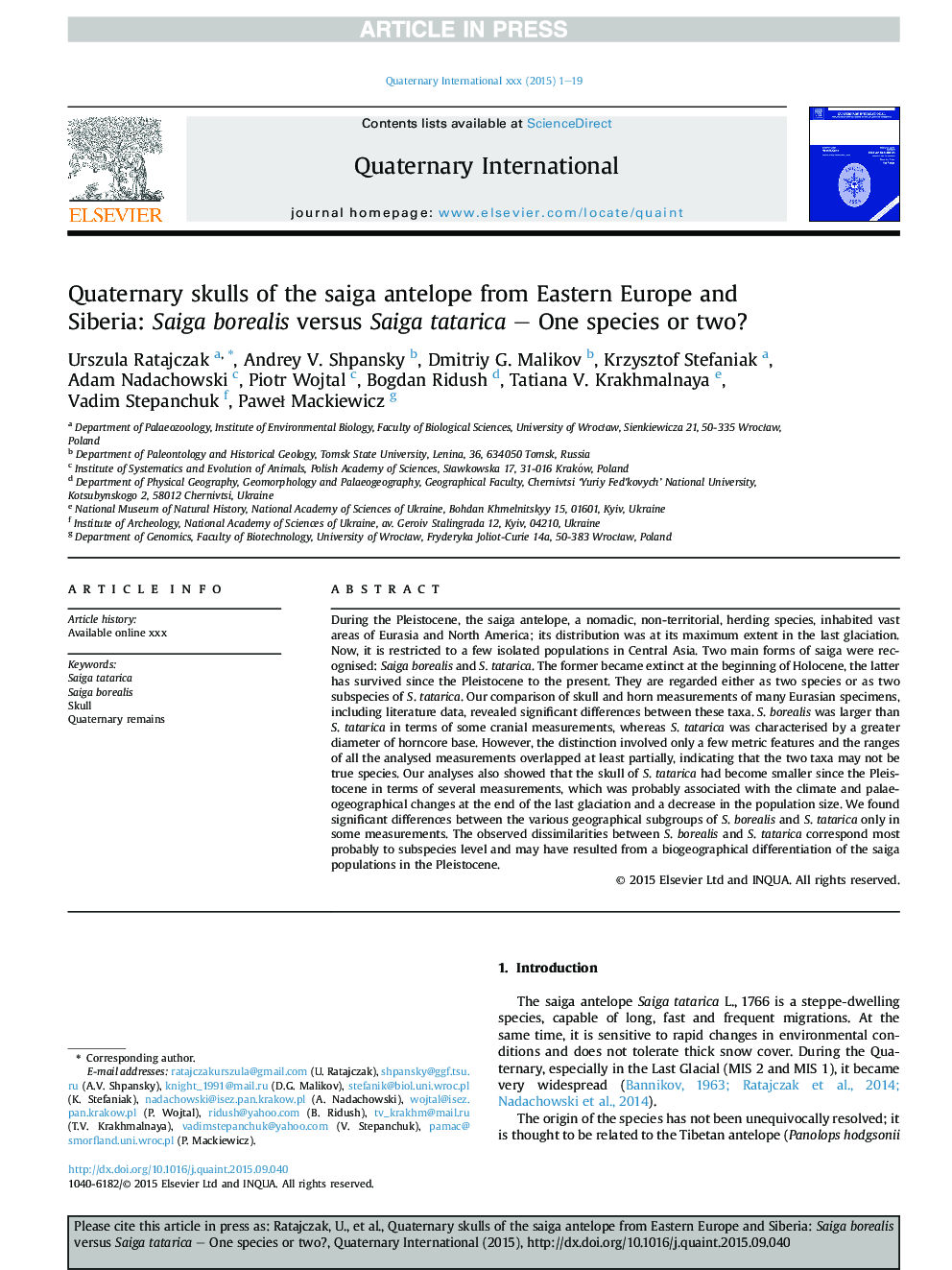 Quaternary skulls of the saiga antelope from Eastern Europe and Siberia: Saiga borealis versus Saiga tatarica - One species or two?