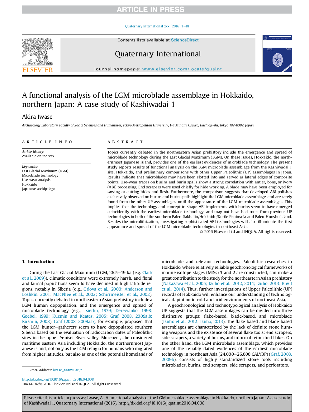 A functional analysis of the LGM microblade assemblage in Hokkaido, northern Japan: A case study of Kashiwadai 1