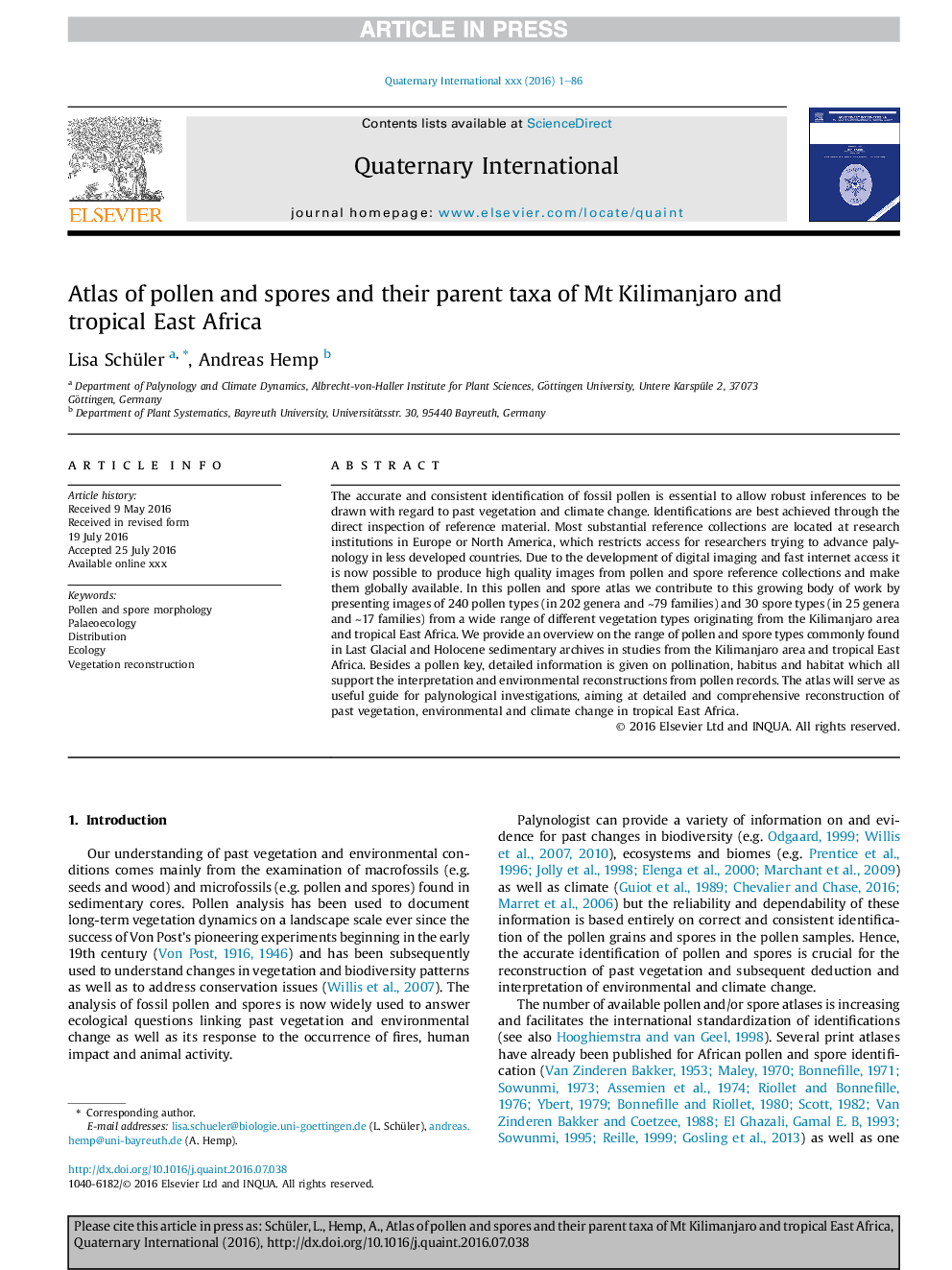 Atlas of pollen and spores and their parent taxa of Mt Kilimanjaro and tropical East Africa