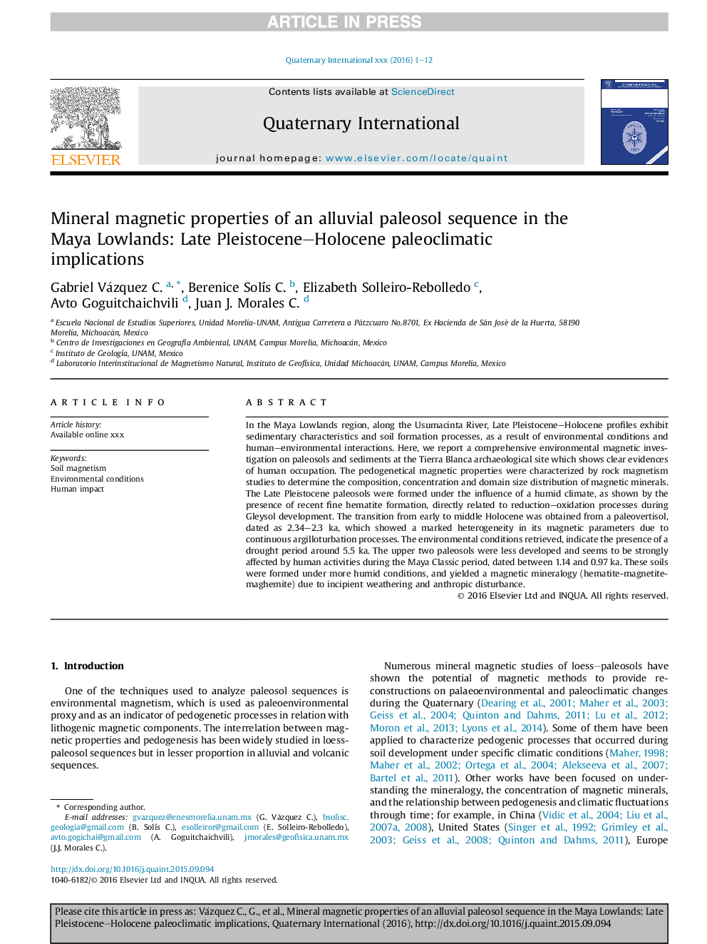 Mineral magnetic properties of an alluvial paleosol sequence in the Maya Lowlands: Late Pleistocene-Holocene paleoclimatic implications