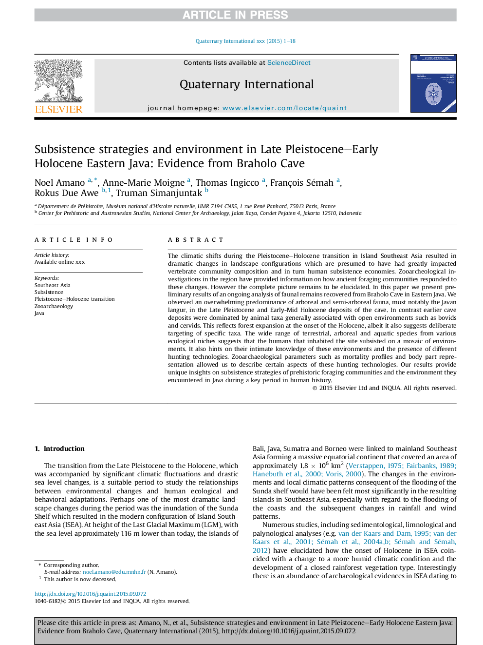 Subsistence strategies and environment in Late Pleistocene-Early Holocene Eastern Java: Evidence from Braholo Cave