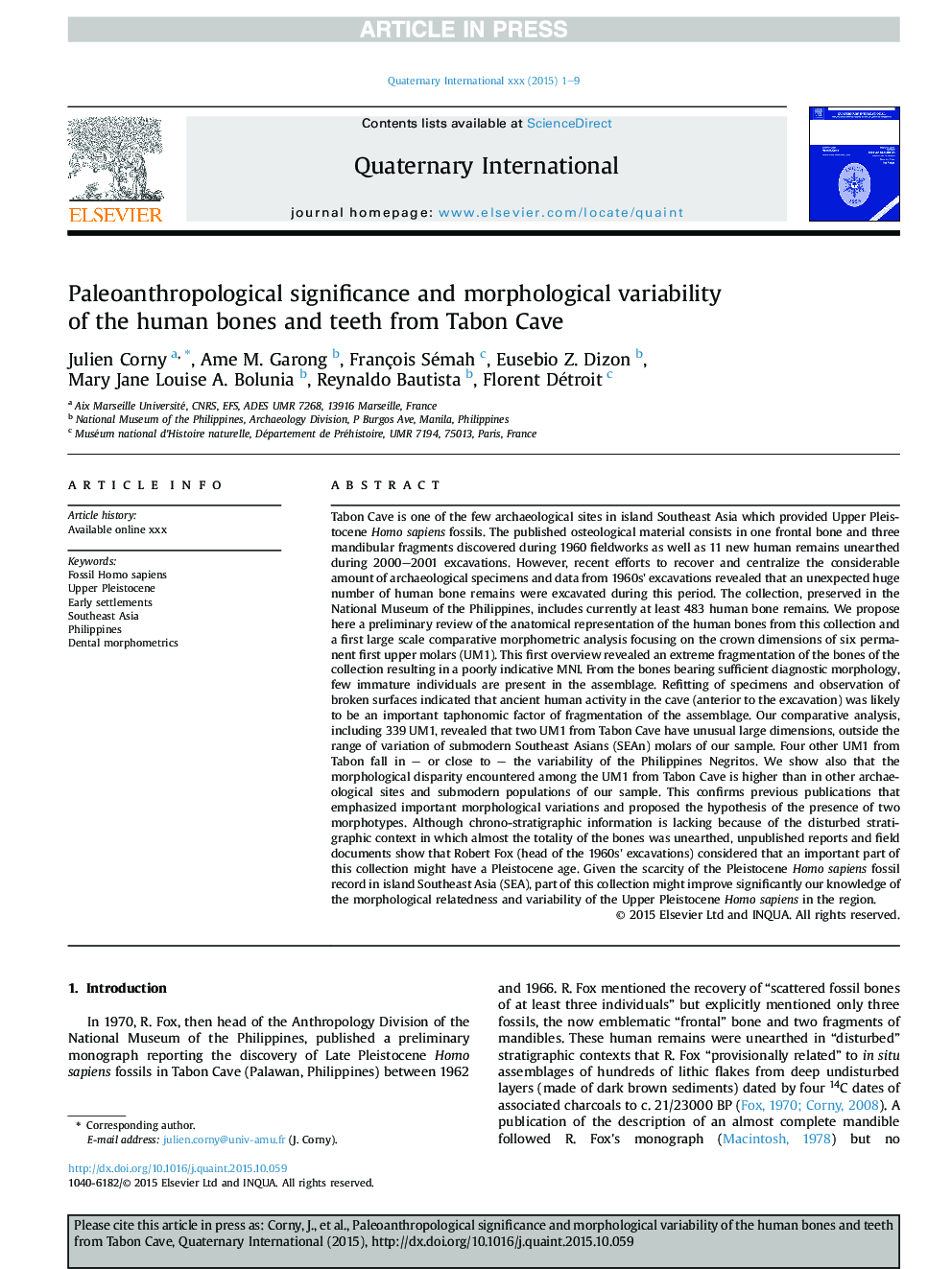 Paleoanthropological significance and morphological variability of the human bones and teeth from Tabon Cave