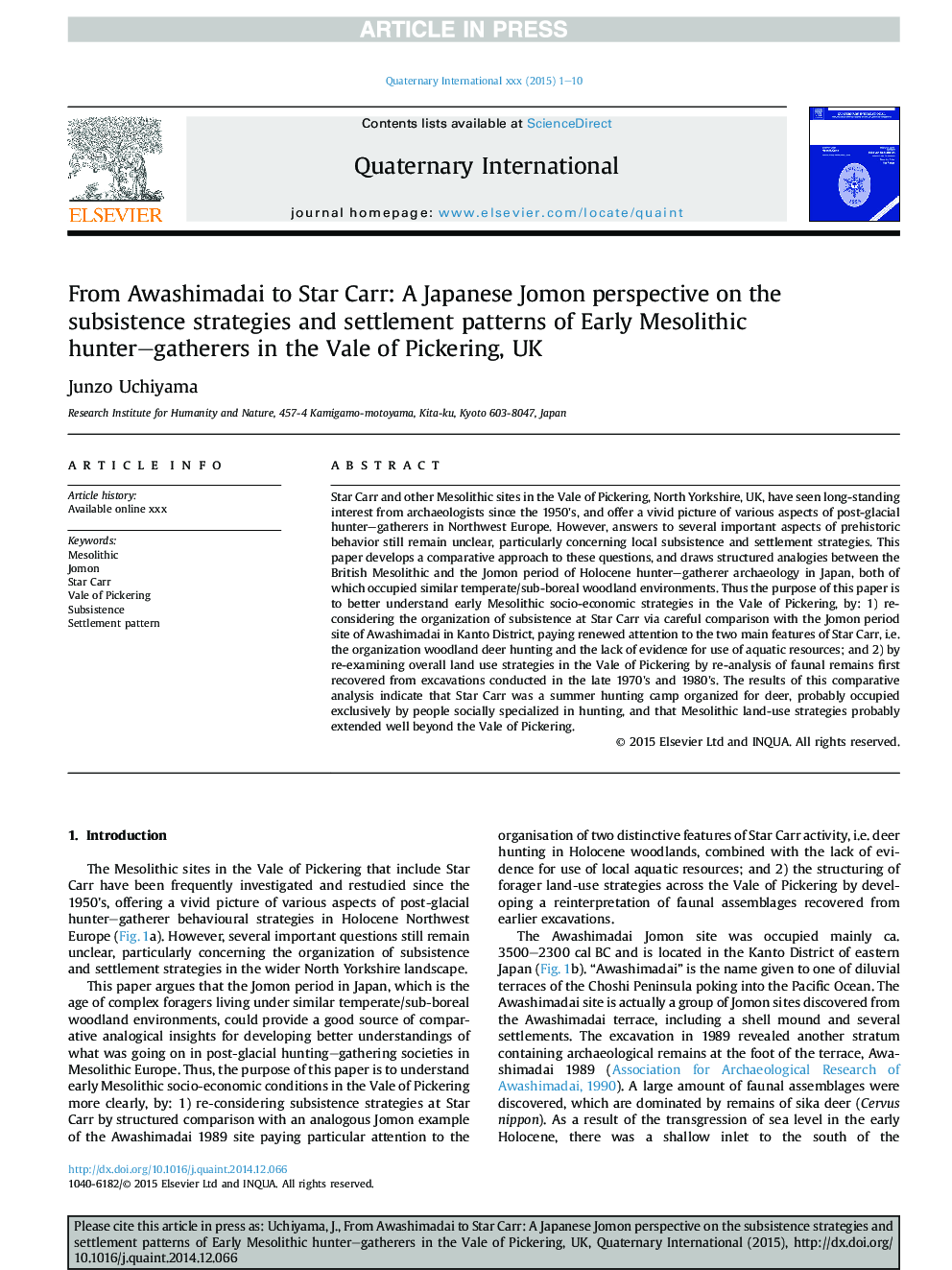 From Awashimadai to Star Carr: A Japanese Jomon perspective on the subsistence strategies and settlement patterns of Early Mesolithic hunter-gatherers in the Vale of Pickering, UK