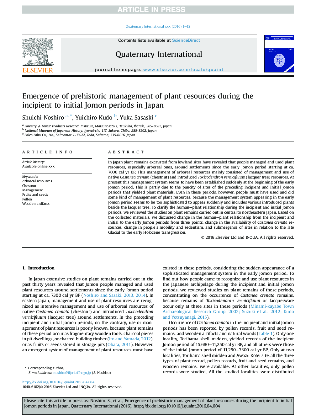 Emergence of prehistoric management of plant resources during the incipient to initial Jomon periods in Japan