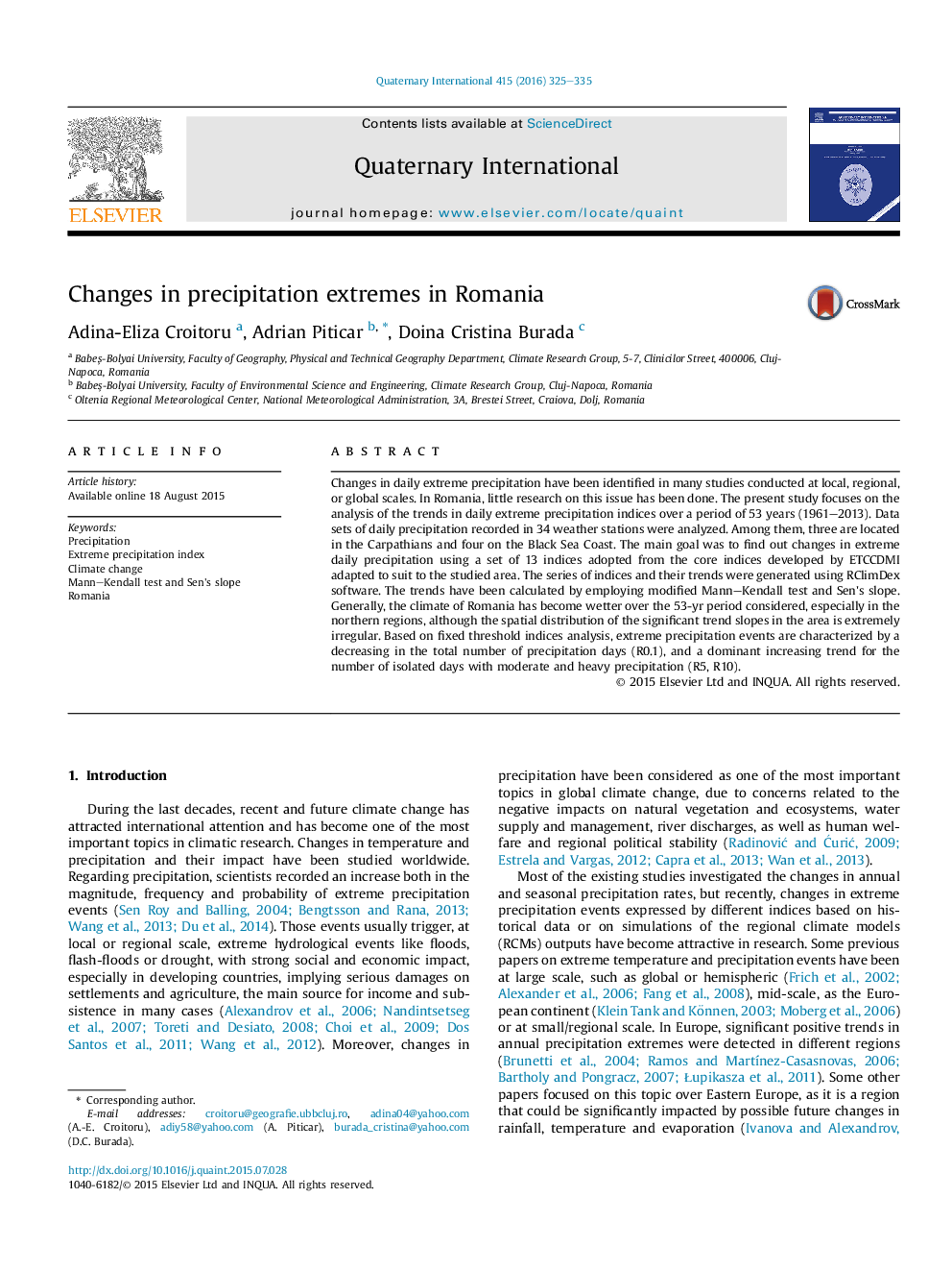 Changes in precipitation extremes in Romania