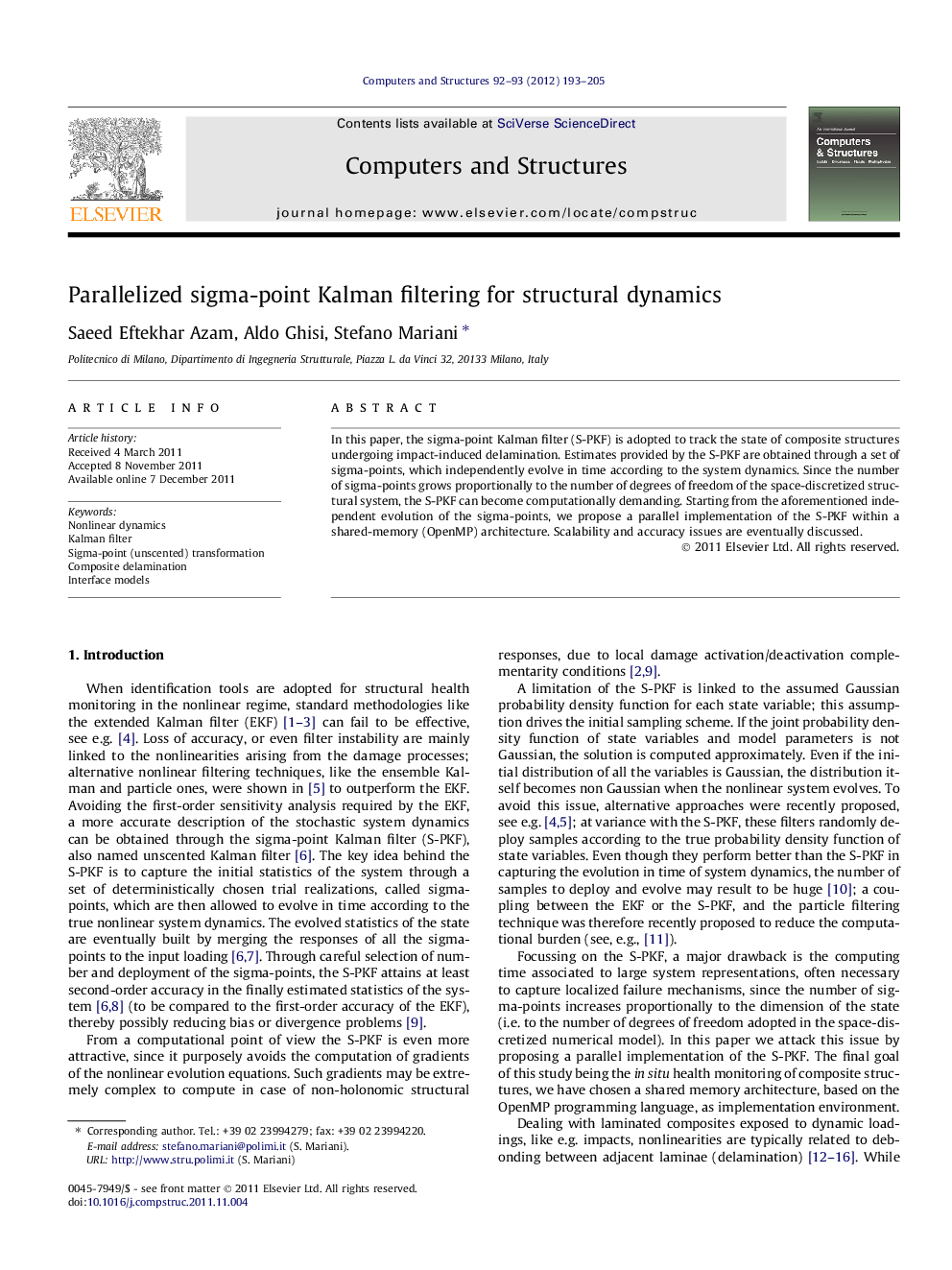 Parallelized sigma-point Kalman filtering for structural dynamics