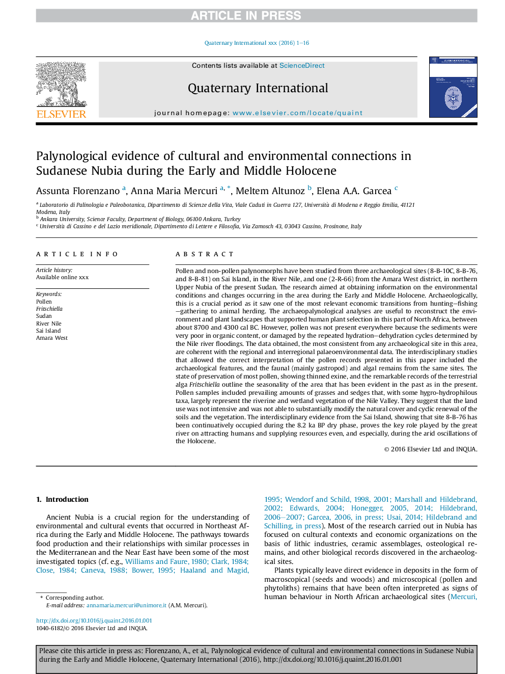 Palynological evidence of cultural and environmental connections in Sudanese Nubia during the Early and Middle Holocene