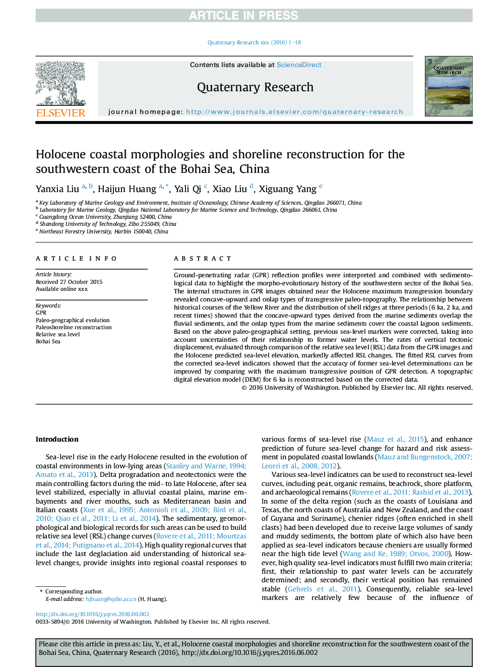 Holocene coastal morphologies and shoreline reconstruction for the southwestern coast of the Bohai Sea, China