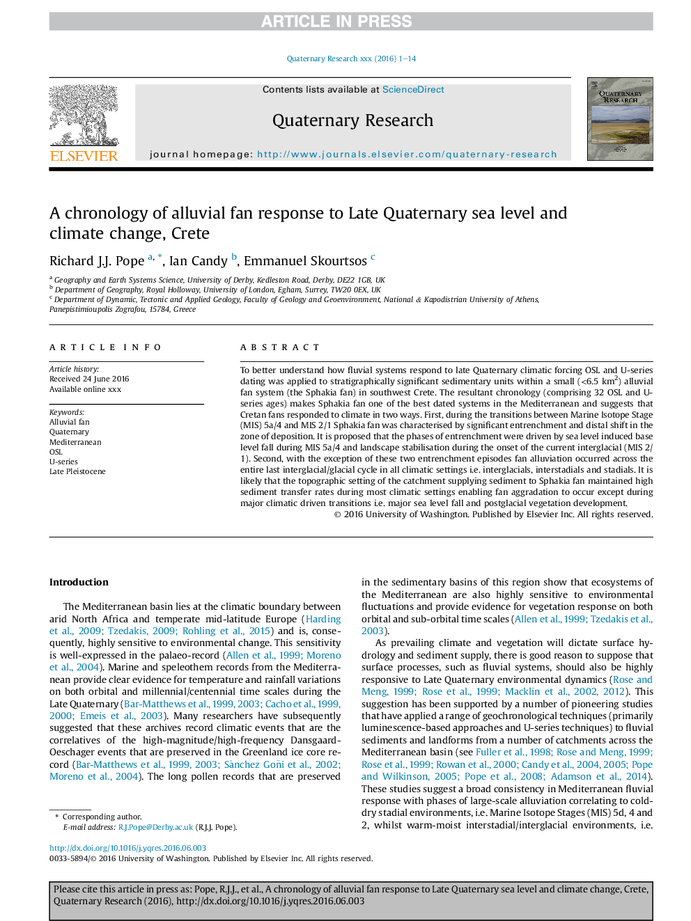 A chronology of alluvial fan response to Late Quaternary sea level and climate change, Crete