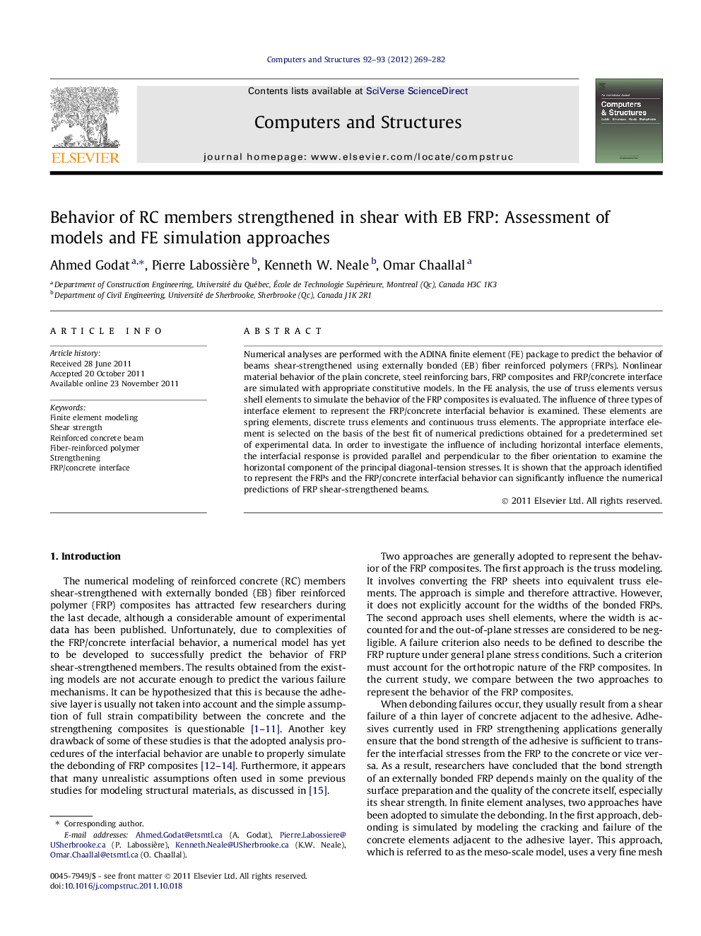 Behavior of RC members strengthened in shear with EB FRP: Assessment of models and FE simulation approaches