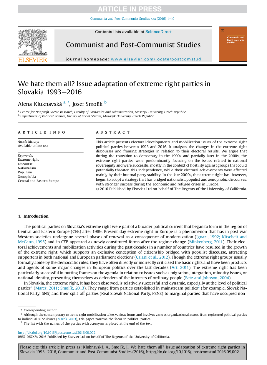 We hate them all? Issue adaptation of extreme right parties in Slovakia 1993-2016