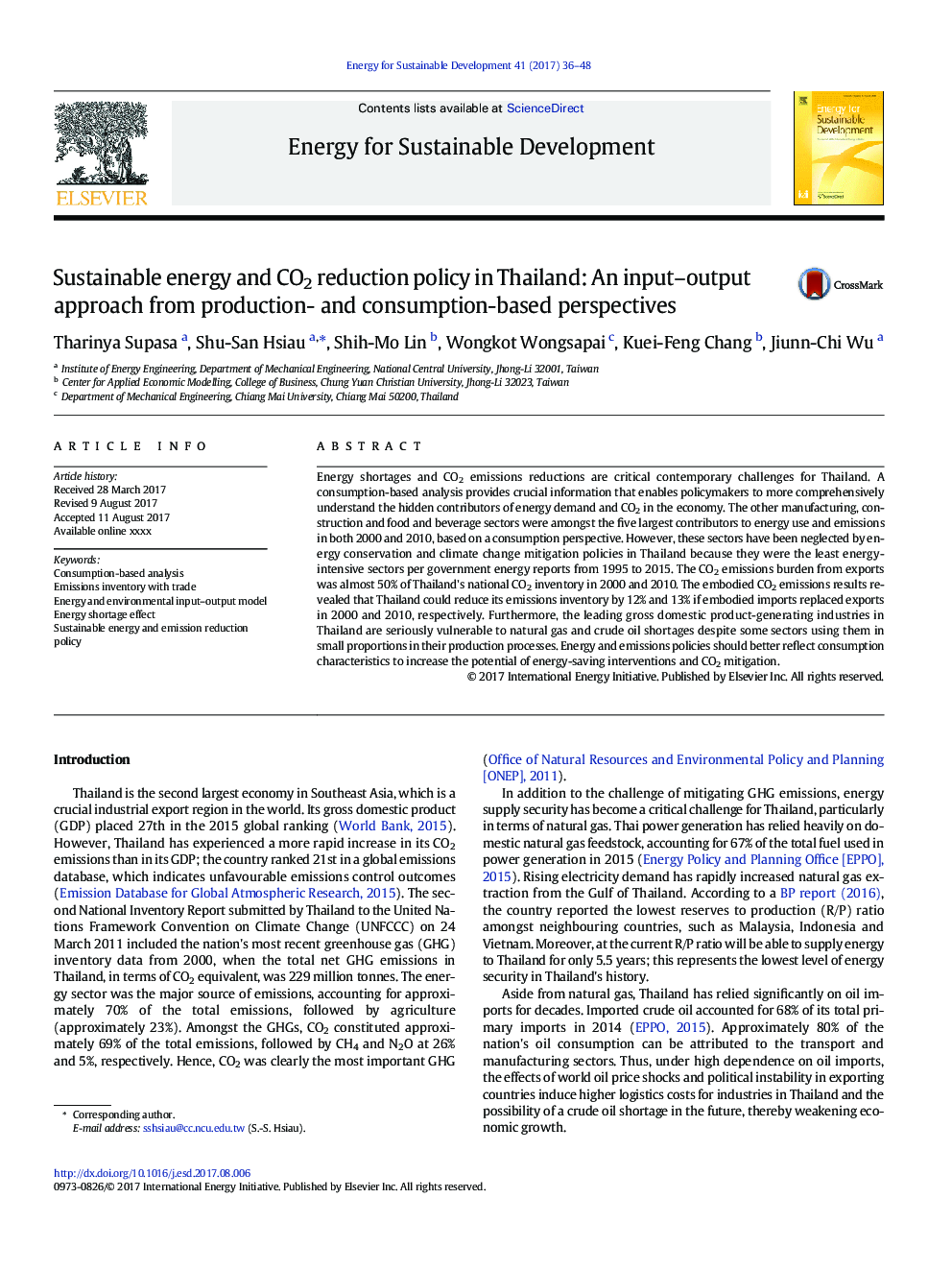 Sustainable energy and CO2 reduction policy in Thailand: An input-output approach from production- and consumption-based perspectives