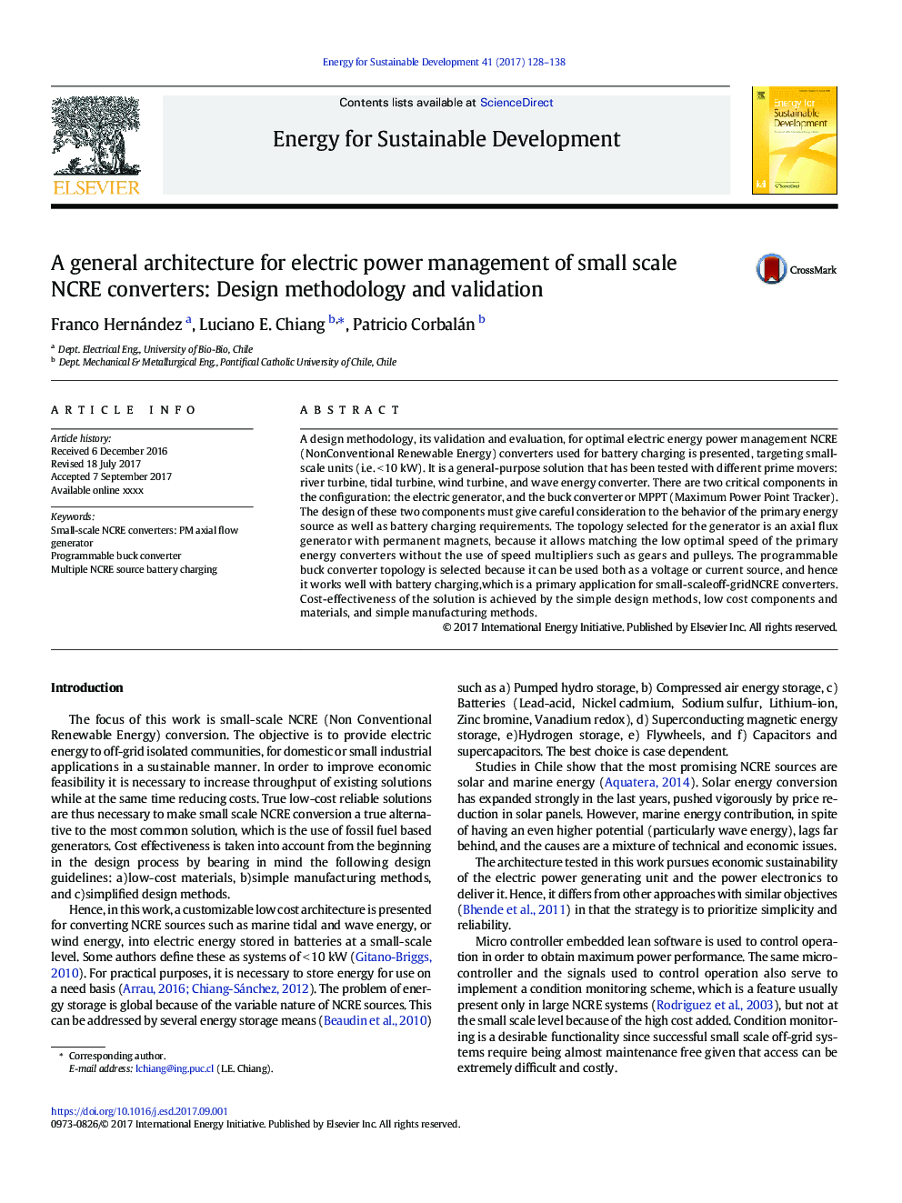 A general architecture for electric power management of small scale NCRE converters: Design methodology and validation