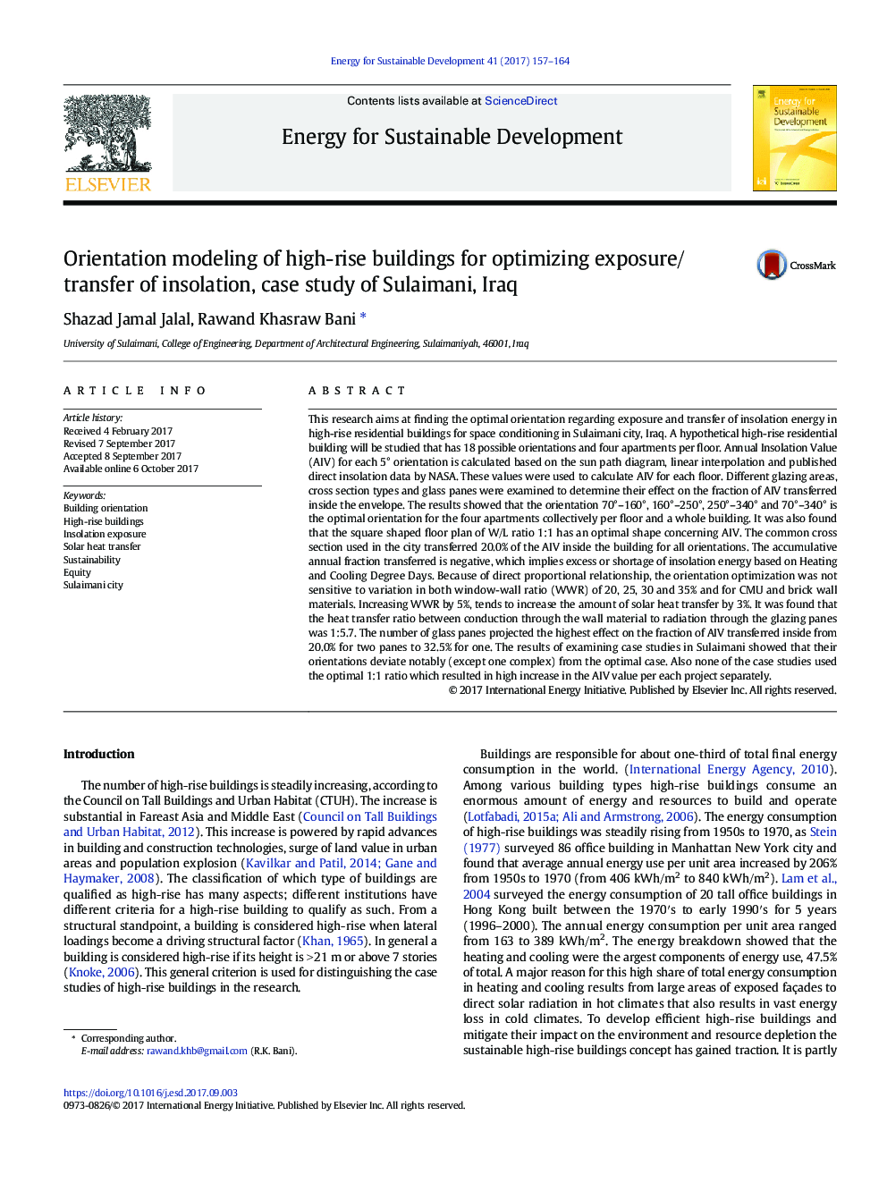 Orientation modeling of high-rise buildings for optimizing exposure/transfer of insolation, case study of Sulaimani, Iraq