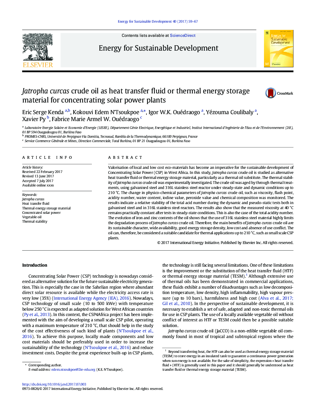 Jatropha curcas crude oil as heat transfer fluid or thermal energy storage material for concentrating solar power plants