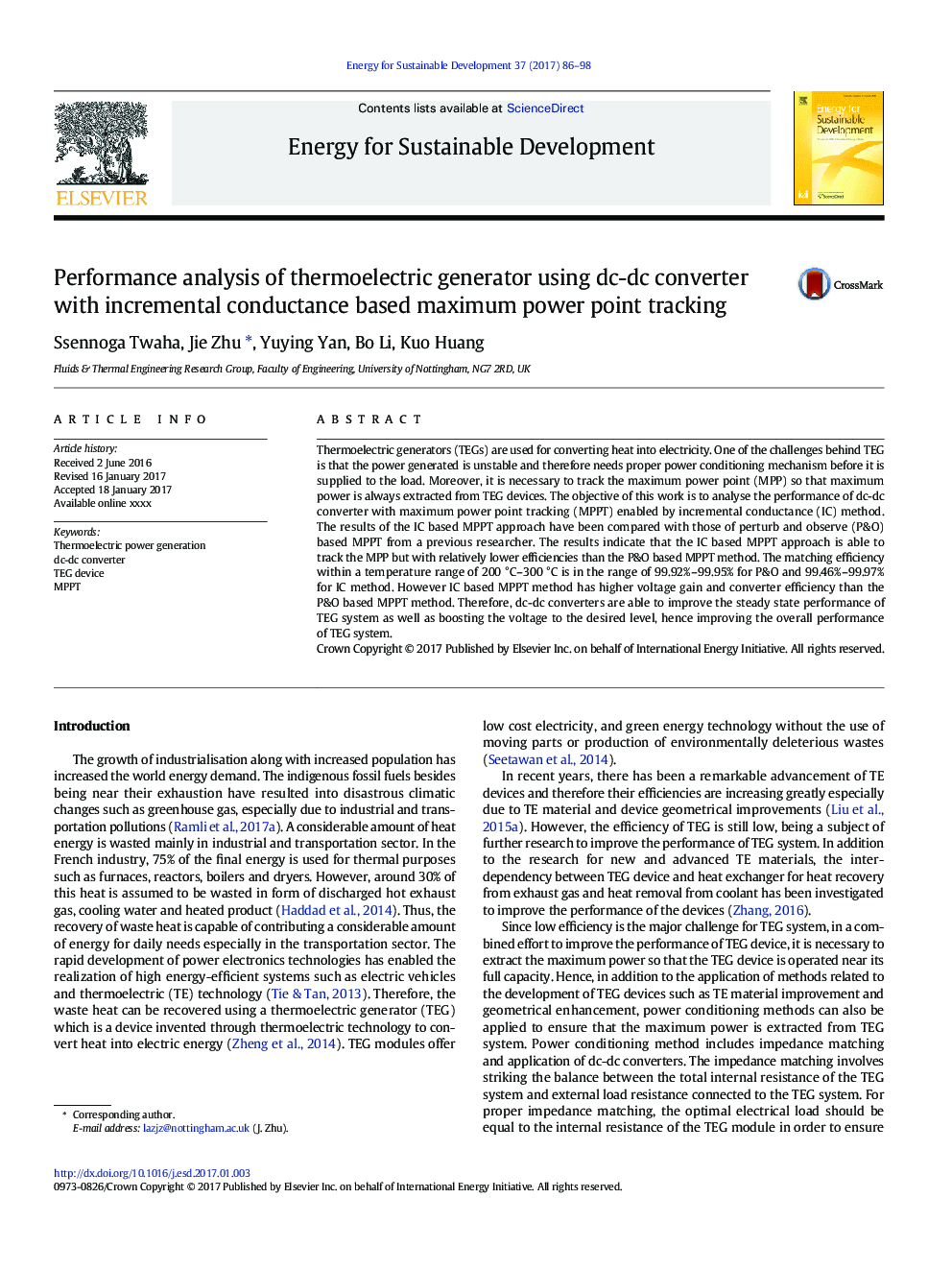 Performance analysis of thermoelectric generator using dc-dc converter with incremental conductance based maximum power point tracking