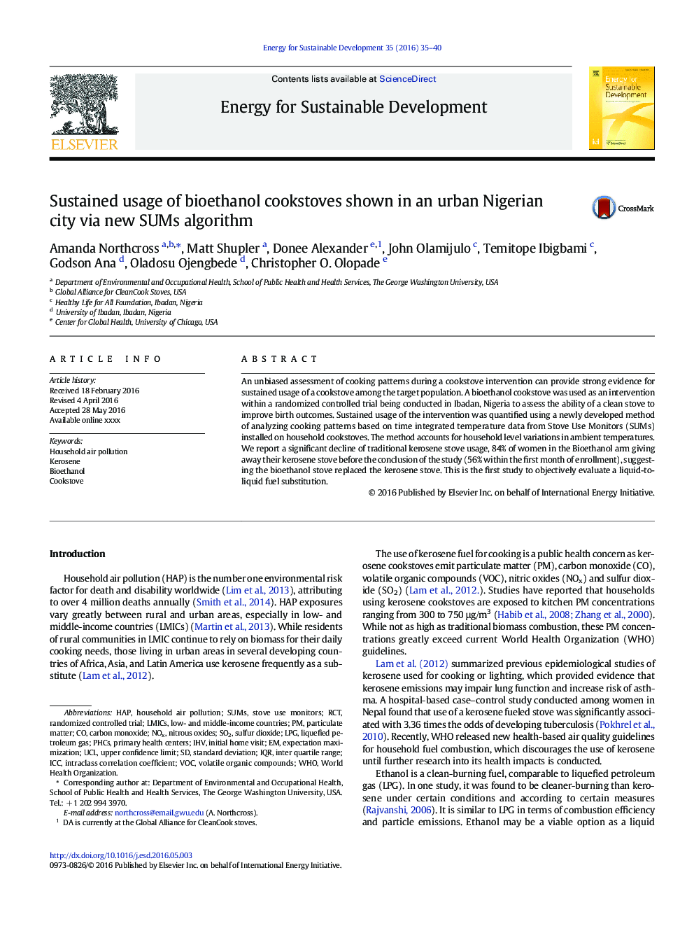 Sustained usage of bioethanol cookstoves shown in an urban Nigerian city via new SUMs algorithm