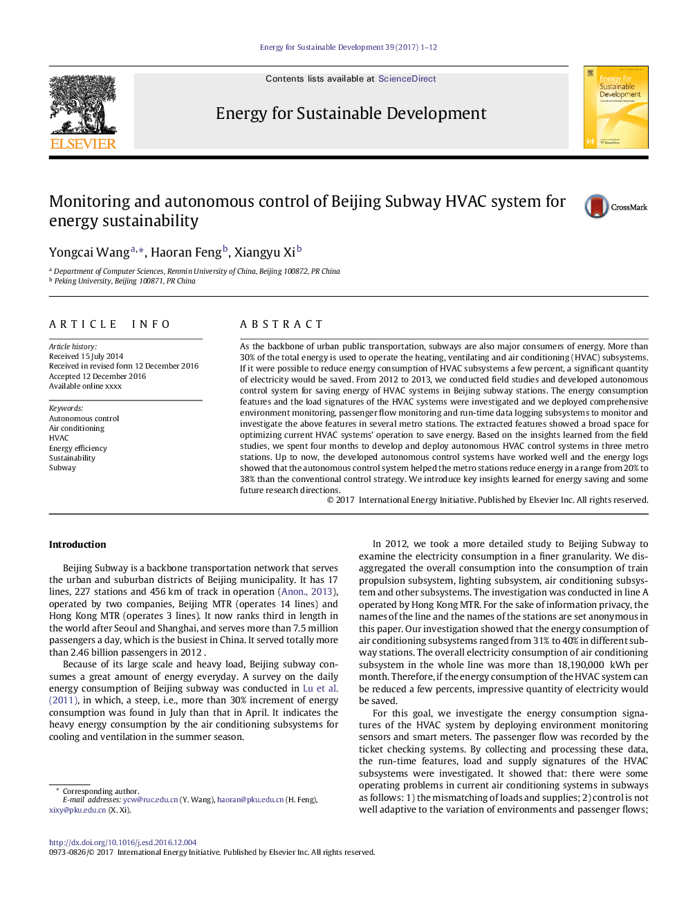 Monitoring and autonomous control of Beijing Subway HVAC system for energy sustainability