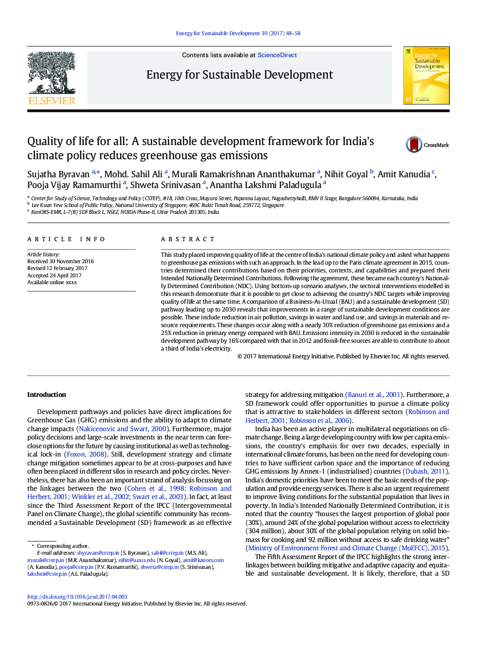 Quality of life for all: A sustainable development framework for India's climate policy reduces greenhouse gas emissions