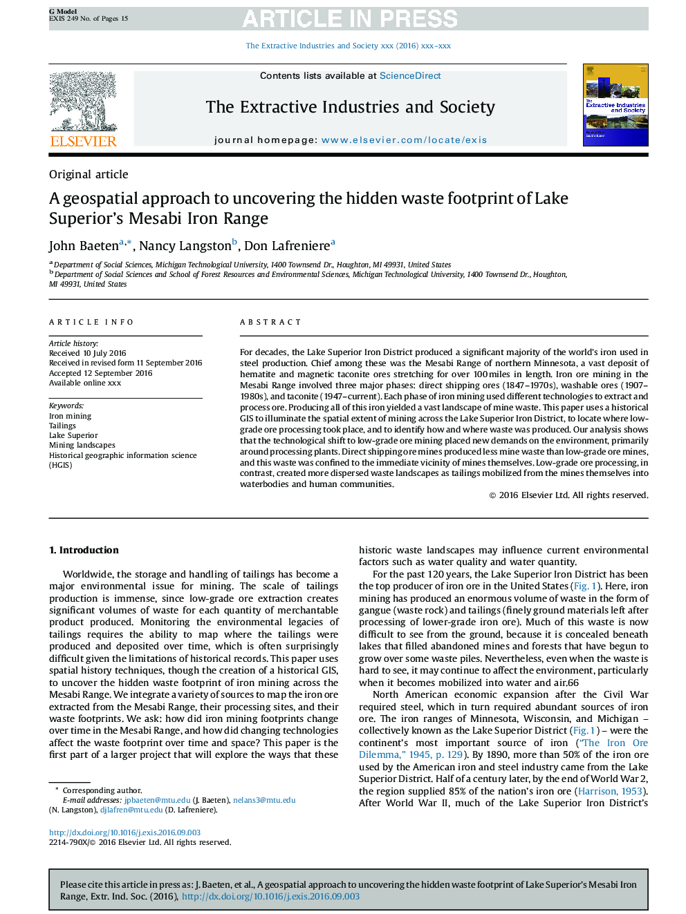 A geospatial approach to uncovering the hidden waste footprint of Lake Superior's Mesabi Iron Range