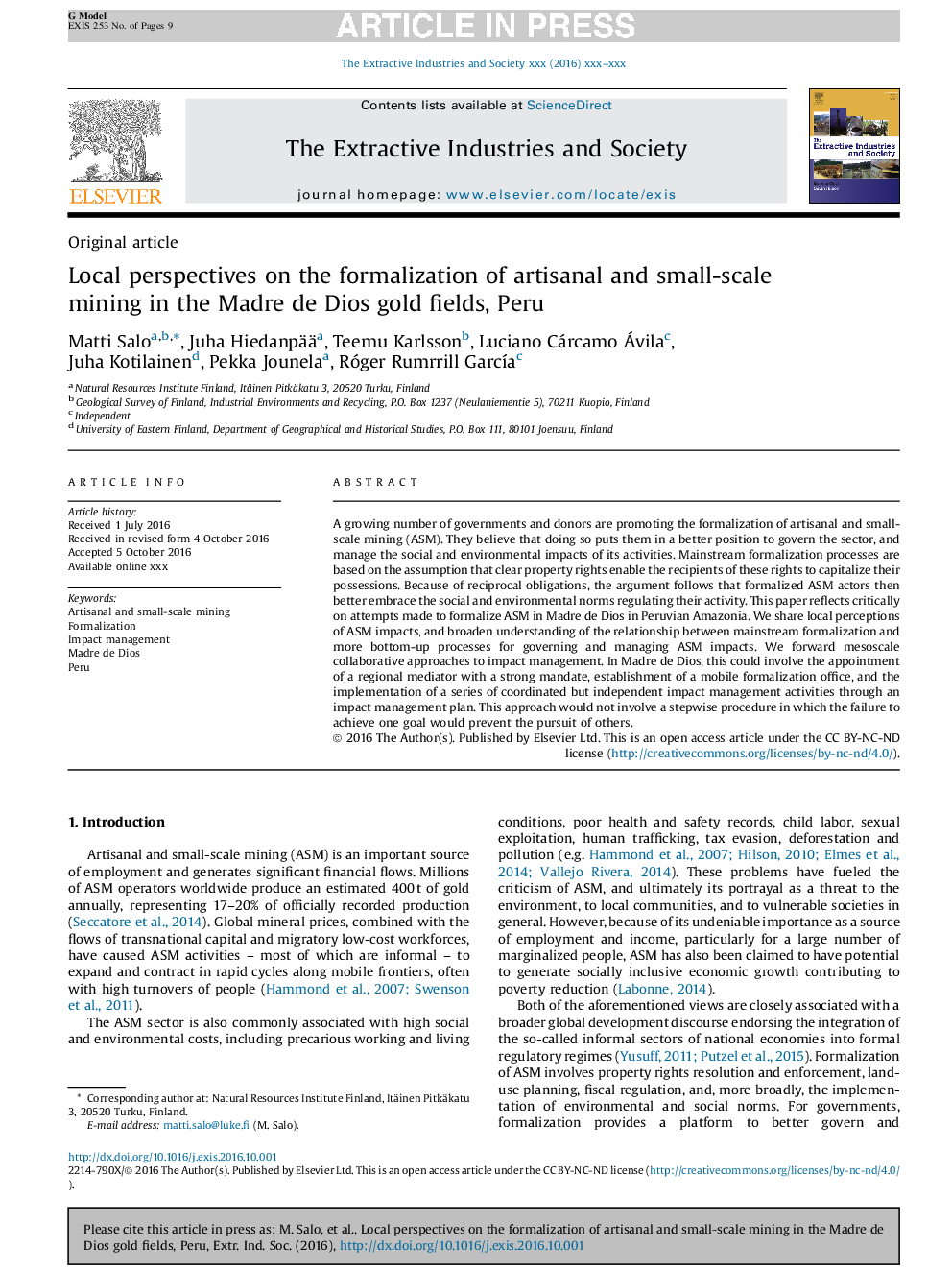 Local perspectives on the formalization of artisanal and small-scale mining in the Madre de Dios gold fields, Peru