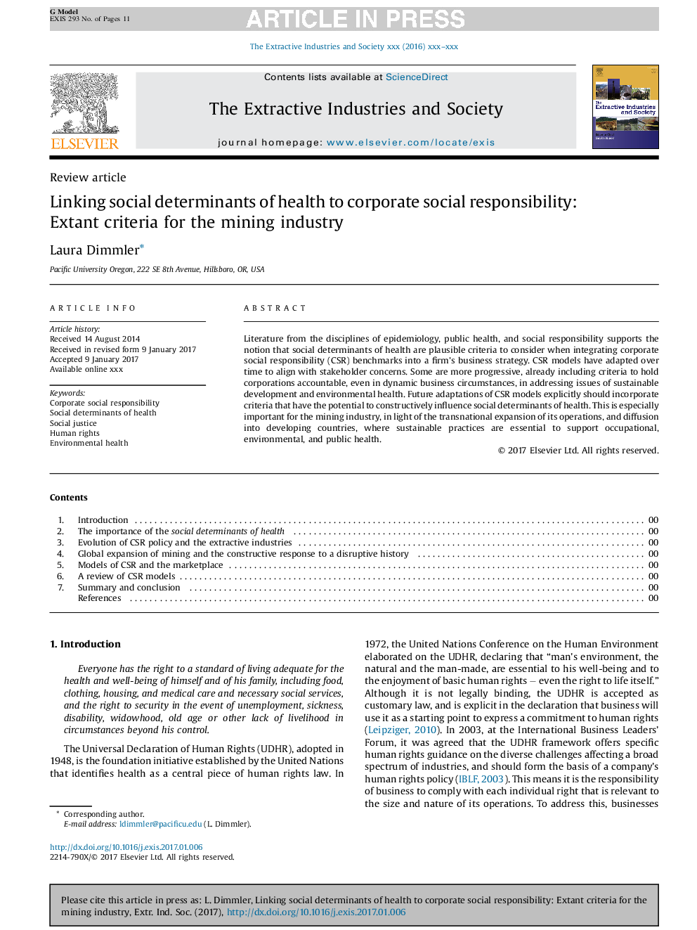 Linking social determinants of health to corporate social responsibility: Extant criteria for the mining industry