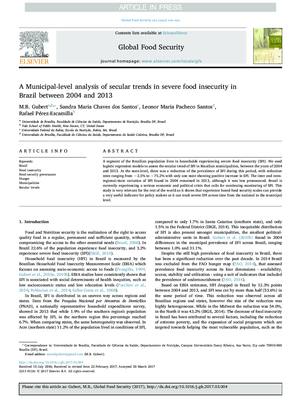 A Municipal-level analysis of secular trends in severe food insecurity in Brazil between 2004 and 2013