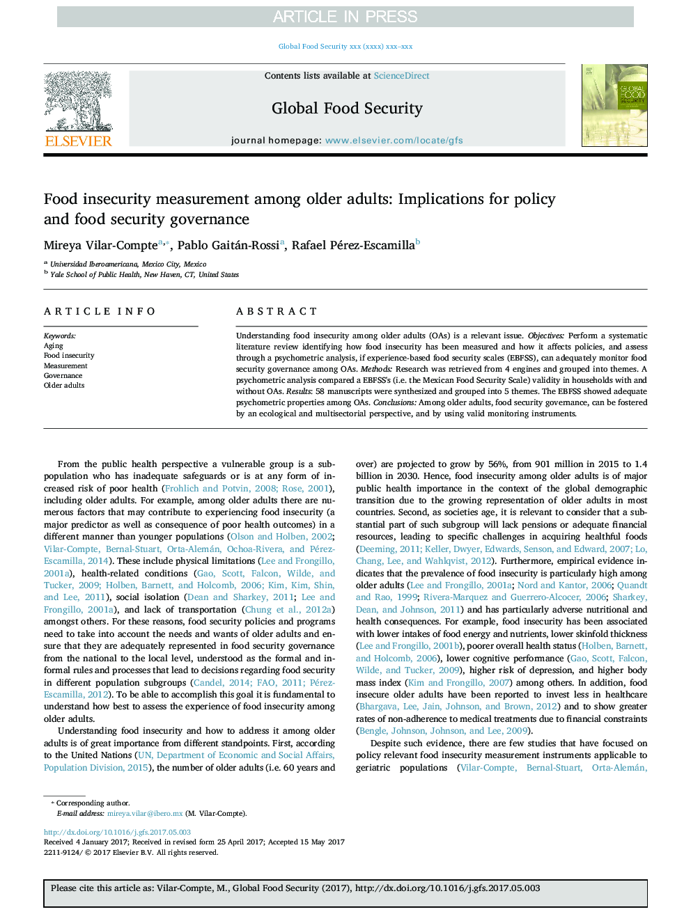 Food insecurity measurement among older adults: Implications for policy and food security governance