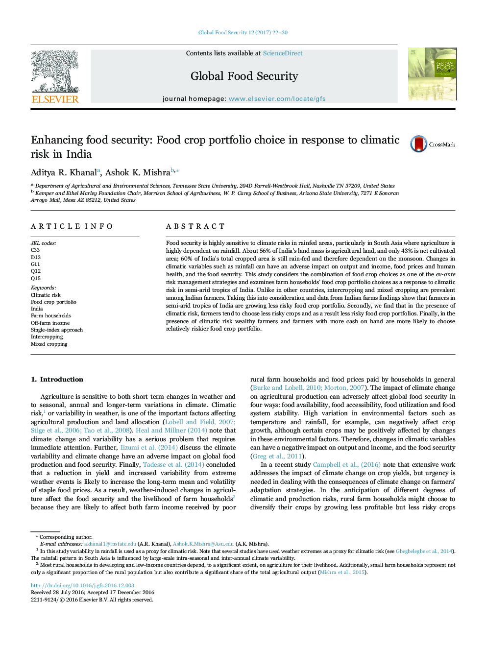 Enhancing food security: Food crop portfolio choice in response to climatic risk in India