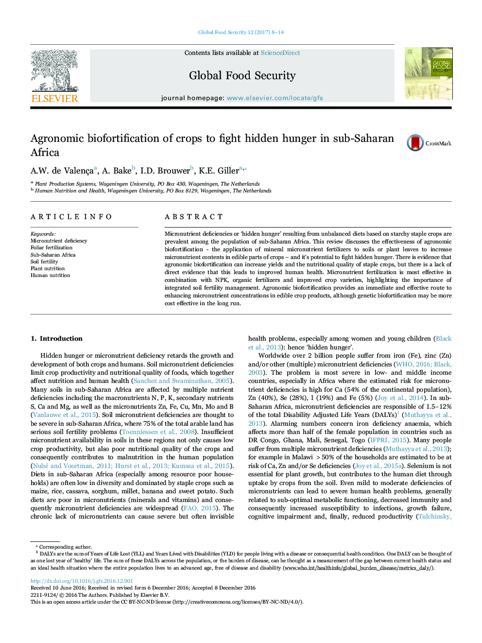 Agronomic biofortification of crops to fight hidden hunger in sub-Saharan Africa