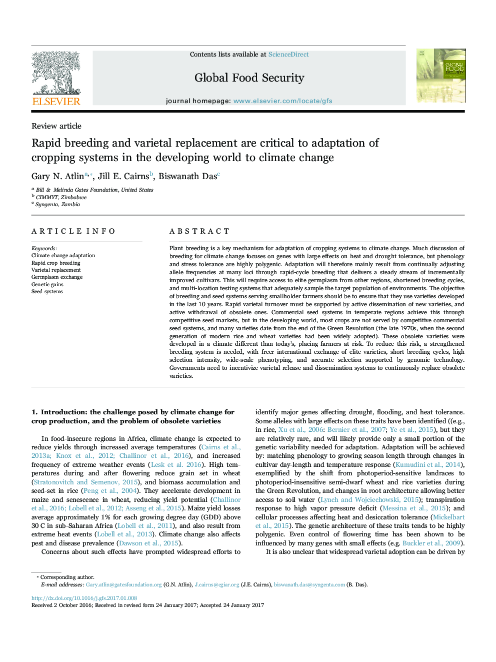 Rapid breeding and varietal replacement are critical to adaptation of cropping systems in the developing world to climate change