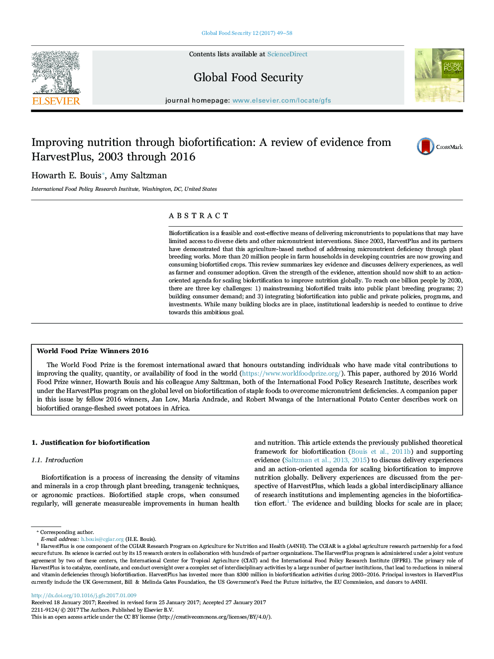 Improving nutrition through biofortification: A review of evidence from HarvestPlus, 2003 through 2016