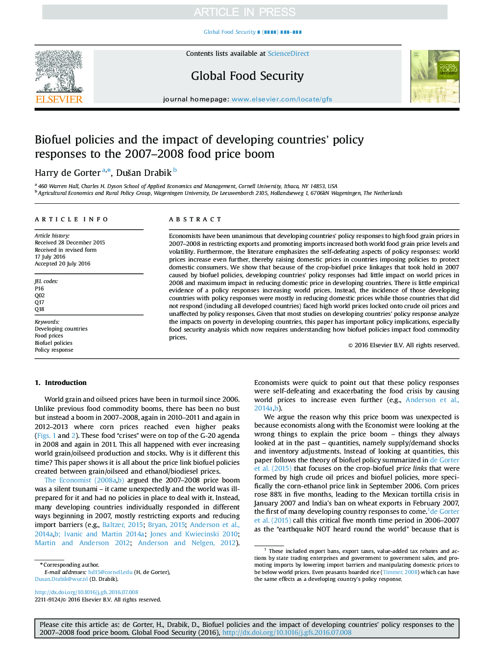 Biofuel policies and the impact of developing countries' policy responses to the 2007-2008 food price boom