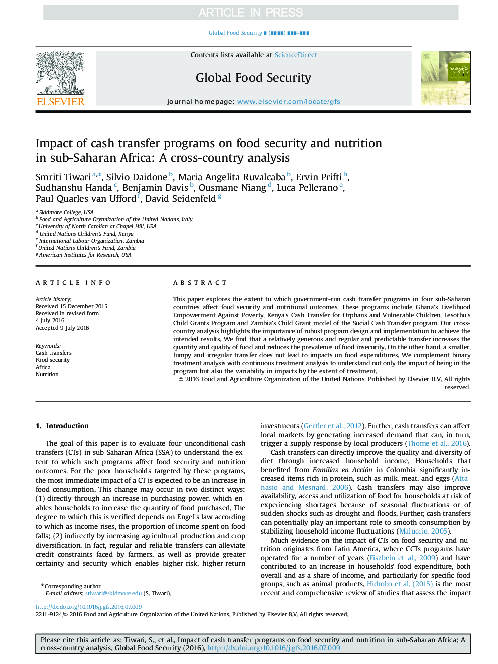 Impact of cash transfer programs on food security and nutrition in sub-Saharan Africa: A cross-country analysis