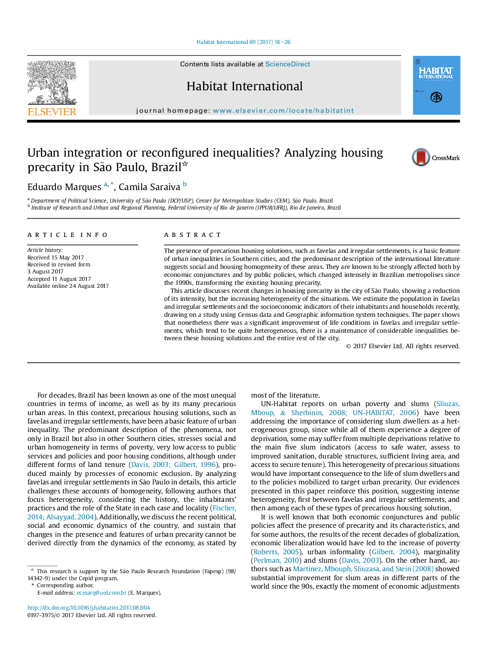 Urban integration or reconfigured inequalities? Analyzing housing precarity in SÃ£o Paulo, Brazil