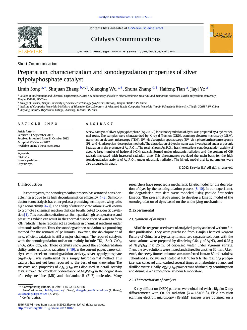 Preparation, characterization and sonodegradation properties of silver tyipolyphosphate catalyst