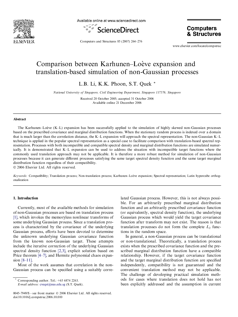 Comparison between Karhunen–Loève expansion and translation-based simulation of non-Gaussian processes