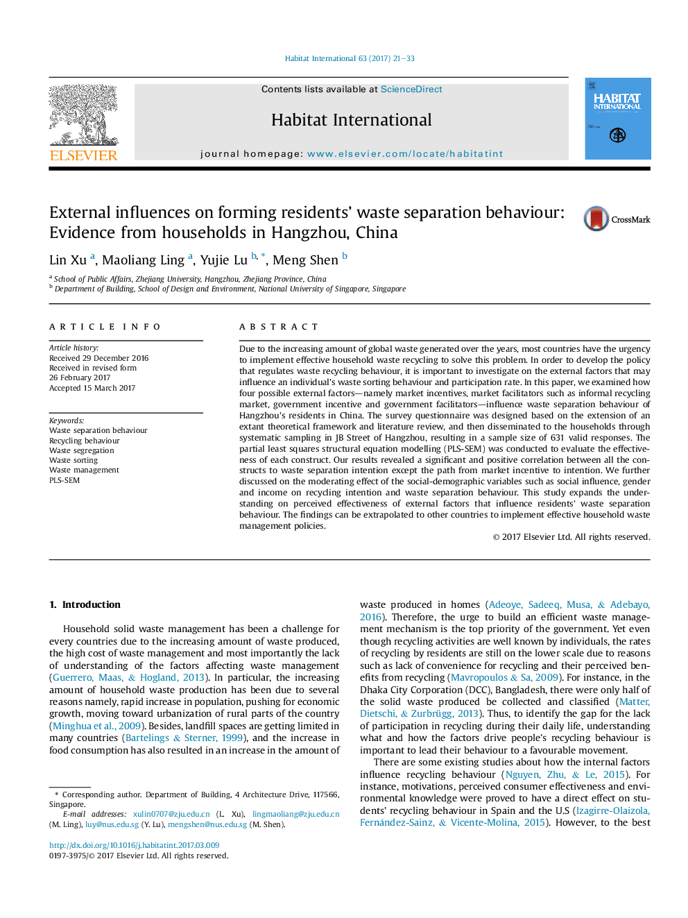 External influences on forming residents' waste separation behaviour: Evidence from households in Hangzhou, China