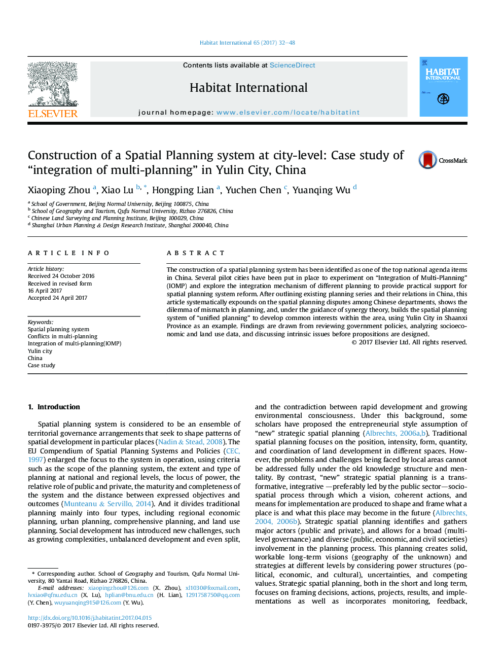 Construction of a Spatial Planning system at city-level: Case study of “integration of multi-planning” in Yulin City, China