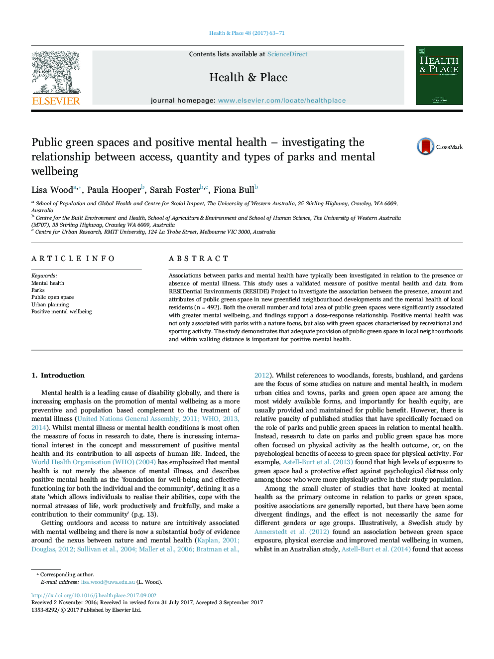 Public green spaces and positive mental health - investigating the relationship between access, quantity and types of parks and mental wellbeing