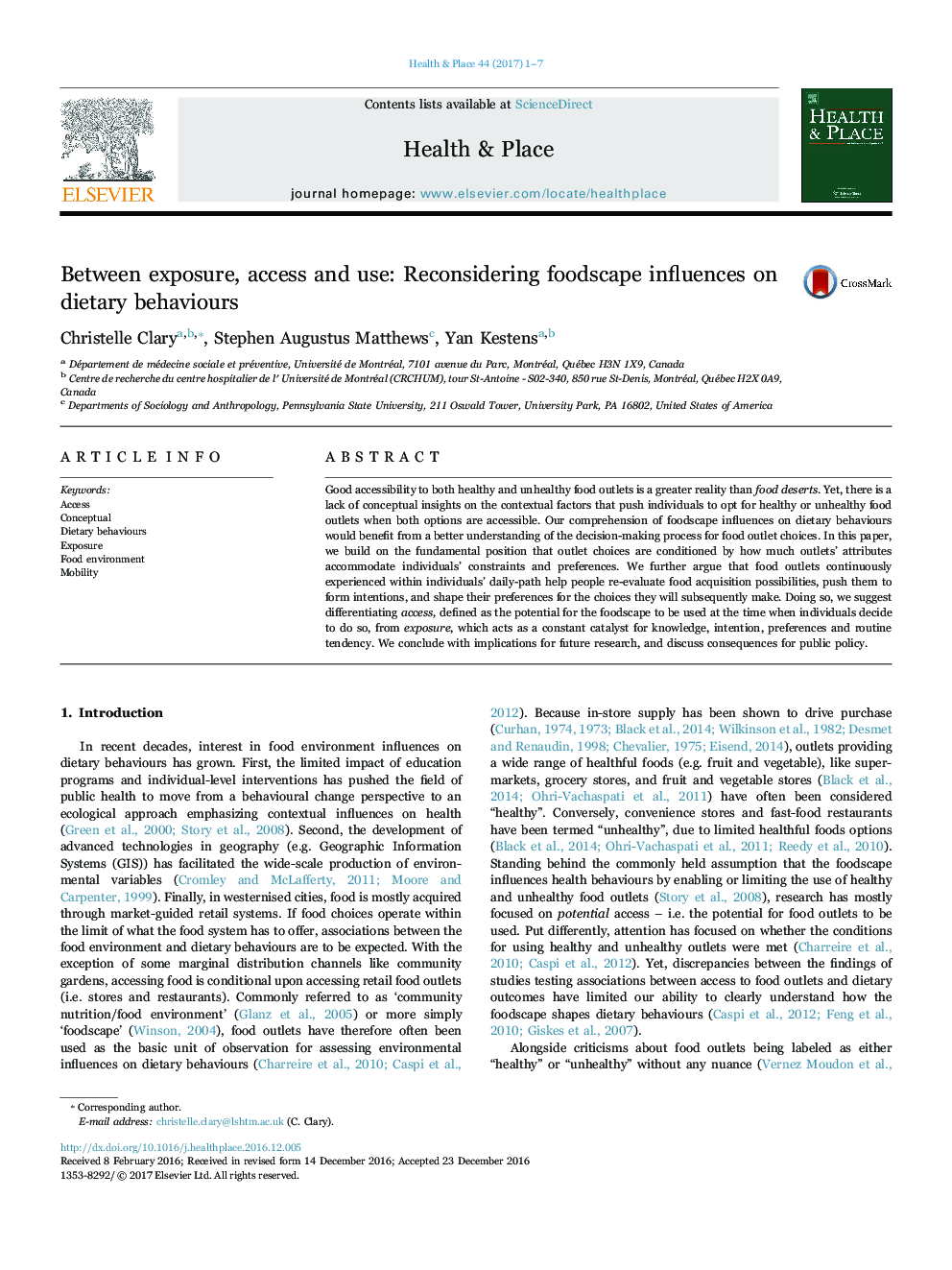 Between exposure, access and use: Reconsidering foodscape influences on dietary behaviours