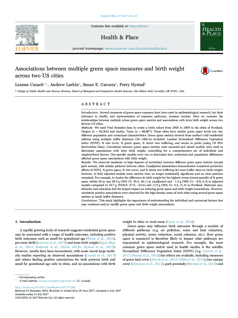 Associations between multiple green space measures and birth weight across two US cities