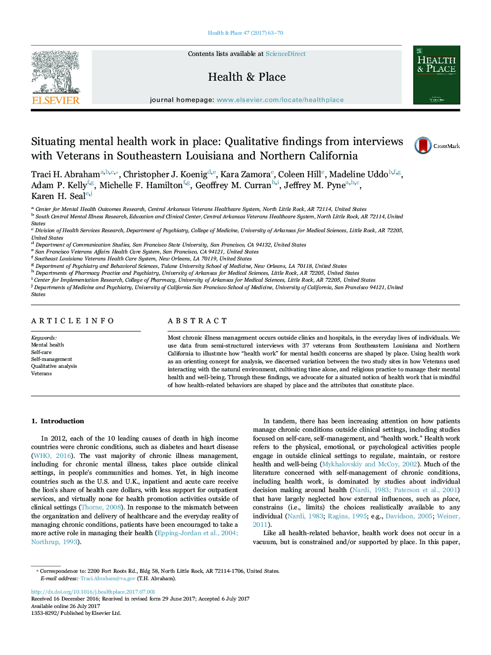 Situating mental health work in place: Qualitative findings from interviews with Veterans in Southeastern Louisiana and Northern California