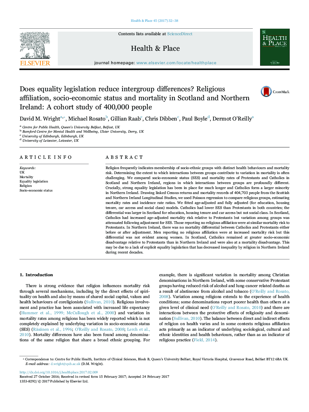 Does equality legislation reduce intergroup differences? Religious affiliation, socio-economic status and mortality in Scotland and Northern Ireland: A cohort study of 400,000 people