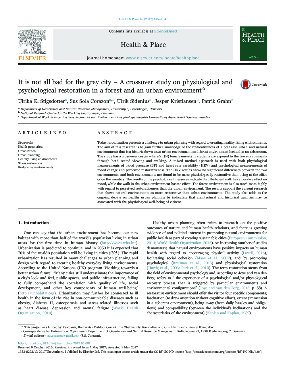 It is not all bad for the grey city - A crossover study on physiological and psychological restoration in a forest and an urban environment